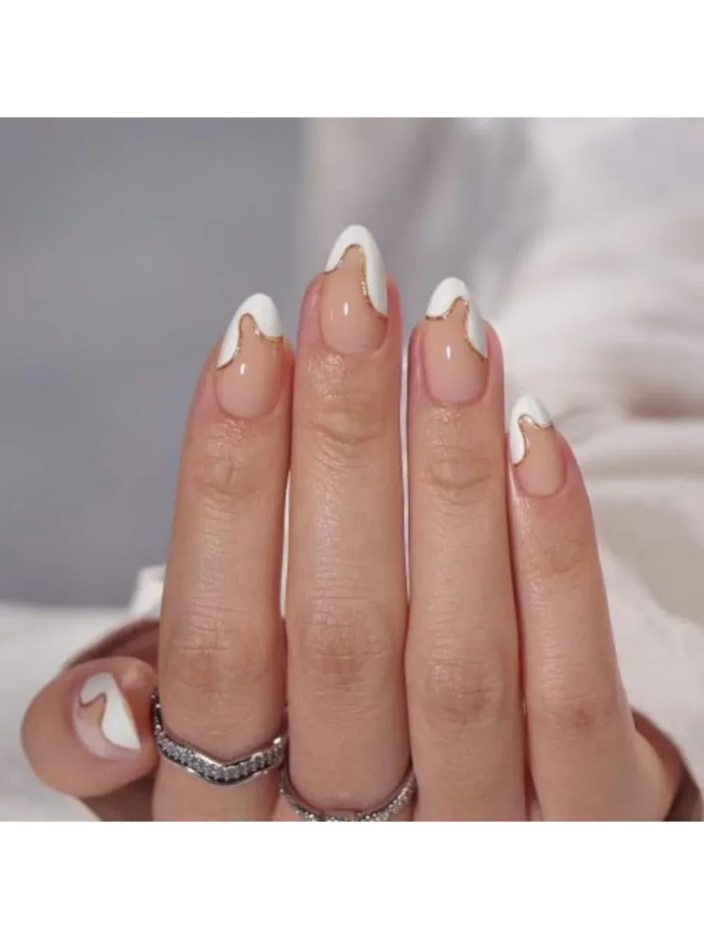 Gorgeous Short Almond Press-On Nails with White French Tips - 32 Count, Tiny